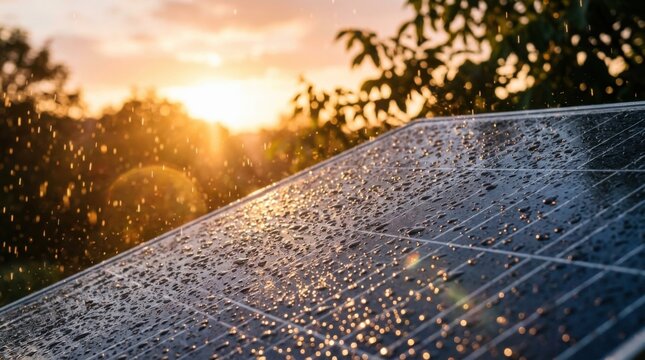 Close Up of Wet Solar Panel Reflecting Golden Hour Sunlight