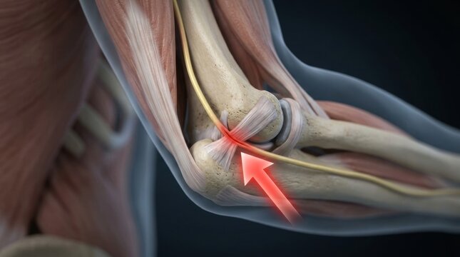 Detailed 3D illustration of ulnar nerve entrapment at the elbow joint