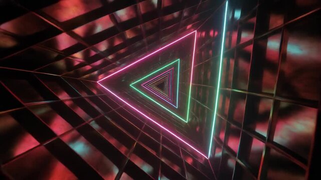 POV view. Endless triangular neon light tunnel. Moving through glowing geometric corridor with grid walls. Abstract 3D render, synthwave, sci-fi VJ background loop.