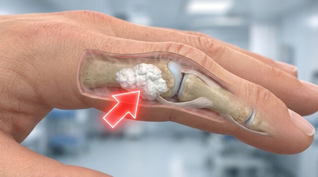 Close-up 3D illustration of a finger bone with a tumor and a red arrow pointing to it