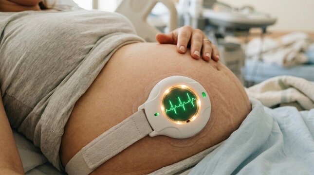 Pregnant belly with fetal monitor showing heartbeat waveform on screen