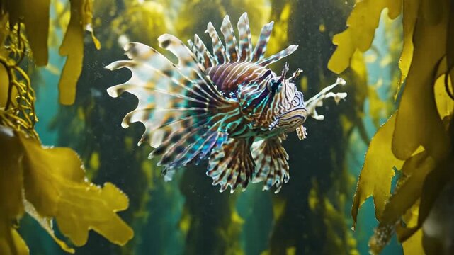 Striking Lionfish Swimming Through Underwater Kelp