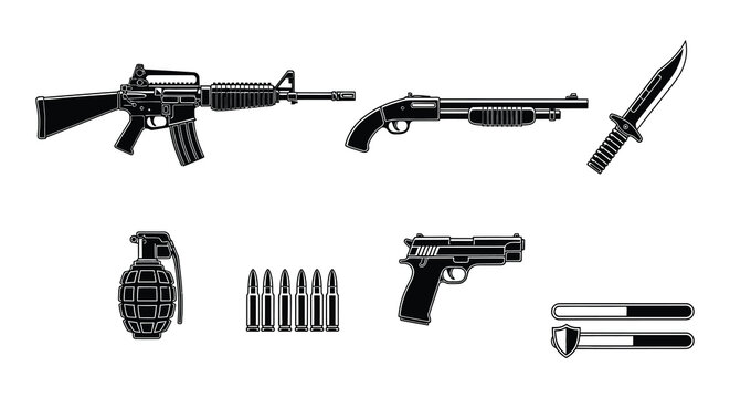 Black and white illustration depicting various lever action shotguns and ammunition