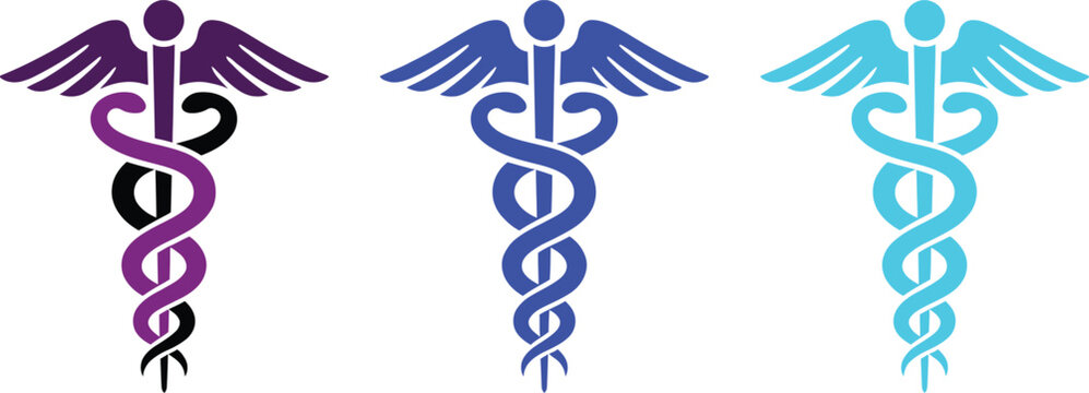 Medical caduceus symbol illustration, healthcare and medicine vector design, black and white snake and wings icon representing medical science and hospital logo concept