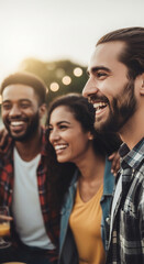 Fototapeta premium Image with three smiling persons, two men and one woman, with festive lights on the background, symbolizing friendship, joy, and celebration