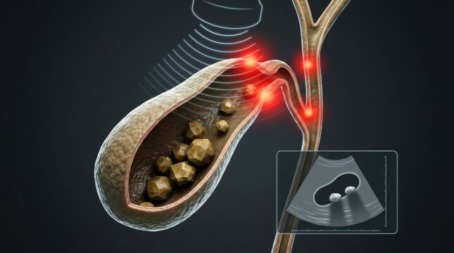 Human gallbladder with gallstones and ultrasound scan showing stones