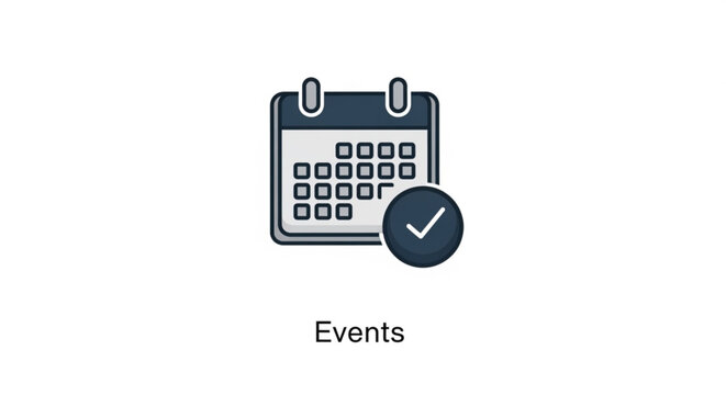 A minimalist vector graphic of a calendar with a checkmark icon representing events and scheduling