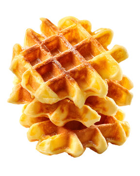 Golden crispy Belgian waffles with deep grid pattern isolated on transparent background