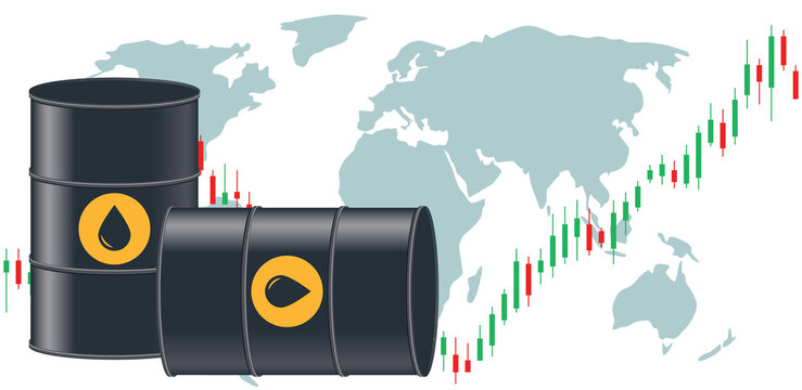 Oil barrels against world map with rising candlestick chart, dark teal background. Concept of oil market growth and global energy trading. Illustration on a transparent background