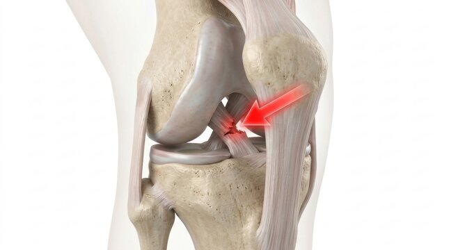 Close-up 3D illustration of a torn anterior cruciate ligament in the human knee joint