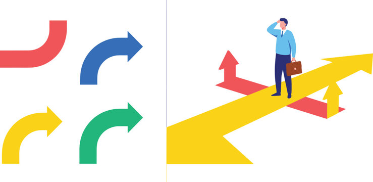 Business Decision-Making and Direction Concept with Colorful Arrows and Businessman with Briefcase in Vector Style