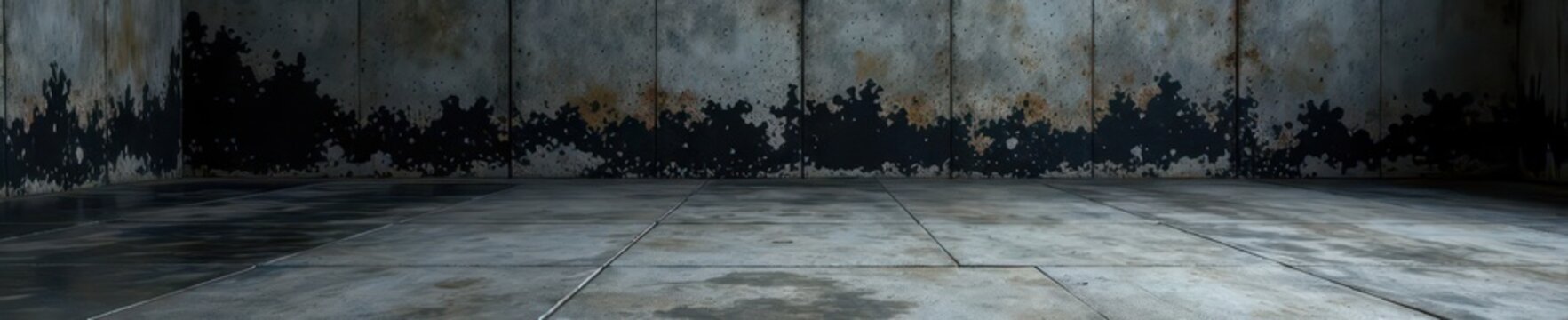 Dark cement slab, extensive black mold infestation , dirty, dark, weathered