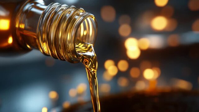 Lubricant or engine oil pouring from a bottle neck with a background of golden bokeh lights