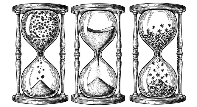 Three Hourglasses with Different Materials and Star Symbols