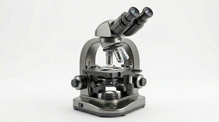 Naklejka premium Precision scientific microscope with dual eyepieces, an essential instrument for laboratory research, biological studies, and educational purposes on a clean background