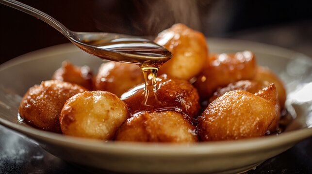 Loukoumades with orange blossom syrup pooling gently at the base of a shallow dish under bright Mediterranean sun