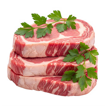 A stack of raw beef steaks with green herbs isolated on transparent background