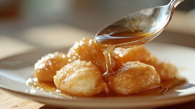 Loukoumades with orange blossom syrup pooling gently at the base of a shallow dish under bright Mediterranean sun