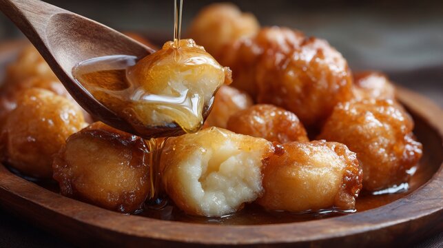Loukoumades with orange blossom syrup pooling gently at the base of a shallow dish under bright Mediterranean sun