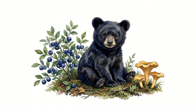 Adorable watercolor illustration of a cute teddy bear sitting on a mossy forest floor among blueberries and mushrooms.