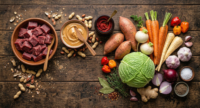 Top down view of Mafe stew ingredients on wood with peanut shells