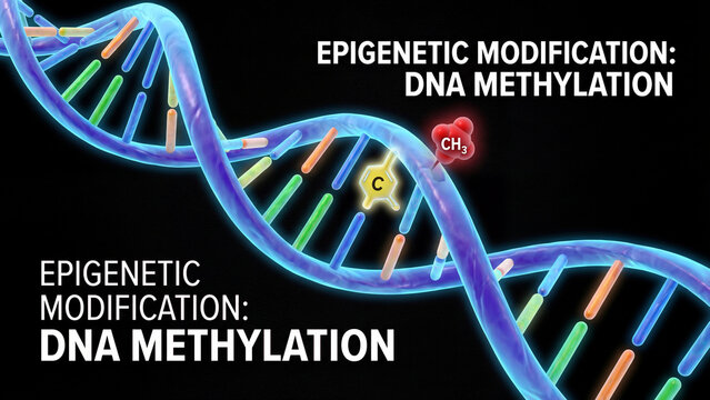 Epigenetic modification and dna methylation process visualized on glowing three dimensional double helix structure for molecular biology genetics and biomedical research education