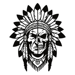 Obraz premium A black and white vector graphic illustration of a Native American skull wearing a headdress