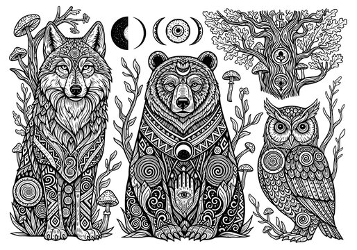 Intricate Zentangle Spirit Animals with Mystical Nature Symbols Line Art