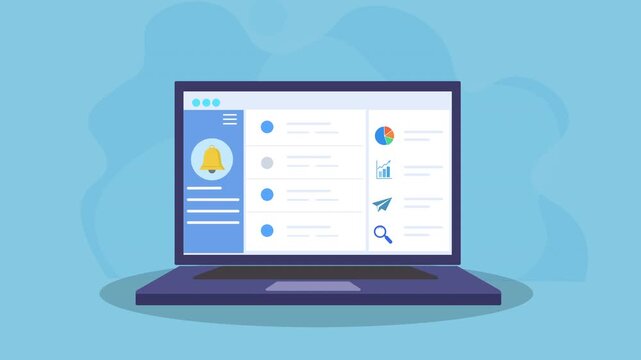 Animated laptop displaying a performance analytics dashboard with charts and data panels, representing AI insights, data analysis, and modern digital monitoring interface.