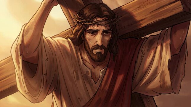 Jesus Christ Carrying the Cross on the Way to Calvary, 2D Animation Style Biblical Passion Scene