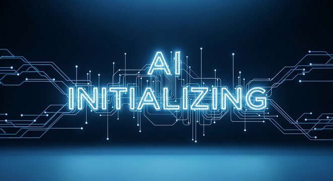 Ai initializing neon text with circuit board pattern artificial intelligence initializing abstract technology.
