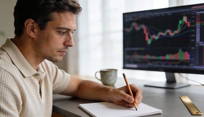 Fototapeta premium Man analyzing market charts on computer while writing in notebook at desk