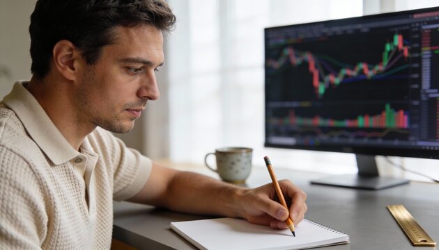 Man analyzing market charts on computer while writing in notebook at desk