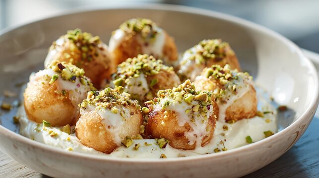 Loukoumades topped with creamy mascarpone and crushed pistachios, arranged neatly in a shallow bowl under bright brunch sunlight
