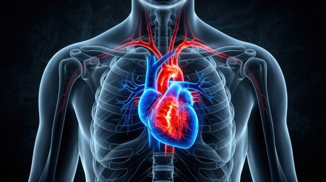 Detailed 3D anatomical illustration of the human heart and circulatory system