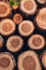 Fototapeta premium Cut tree log cross sections stacked on outdoor forest floor