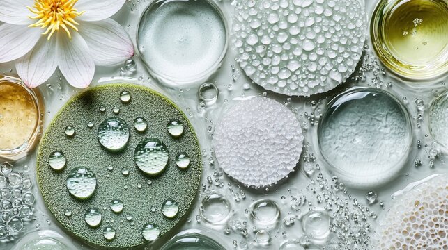 Surface wettability testing macro photography of diverse material samples displaying lotus effect complete wetting and intermediate droplet behavior