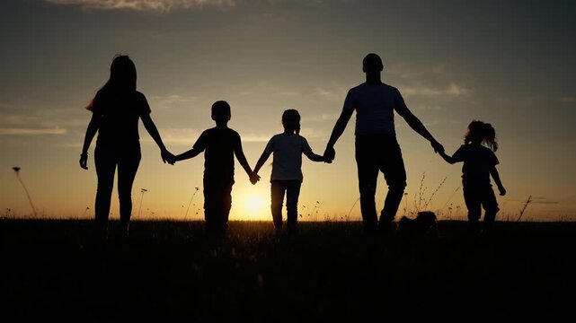 Family holding hands at sunset walking across grassy field as parent and mother silhouette guide child and kid together sunset silhouette framing father and family unity walking toward horizon