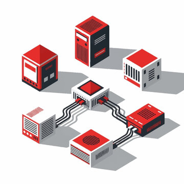 Isometric illustration of a computer network server cluster with connected units.