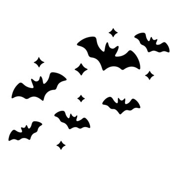 A minimalist vector graphic of flying bats and stars in a flat design style
