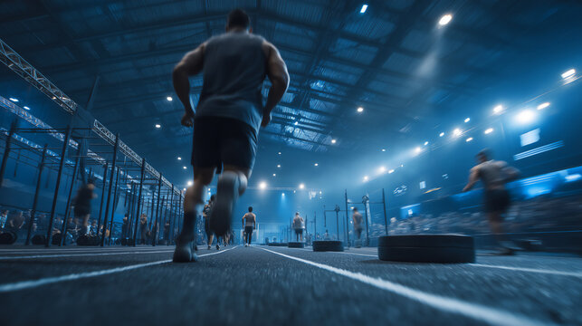 Hyrox sports arge indoor functional fitness race arena with running track loop and workout stations.