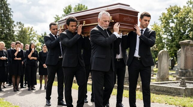 Pallbearers carrying casket during funeral procession in cemetery  
