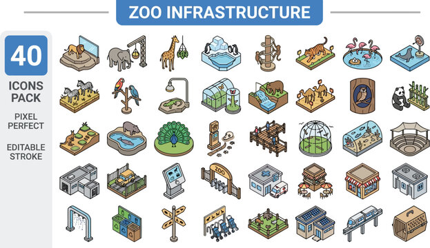 Zoo infrastructure animal enclosure map elements isometric vector icons