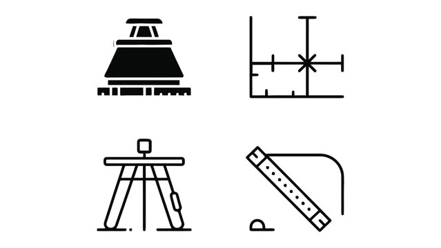 Architectural Tools and Drafting Instruments: Set of line art icons featuring essential tools and instruments for architectural design and drafting.