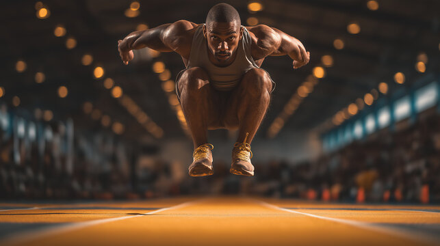 Hyrox sports athlete performing burpee broad jumps across gym lane in functional fitness race competition