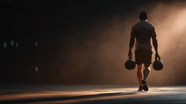 HYROX Athlete Performing Farmer Carry with Heavy Kettlebells Indoors.