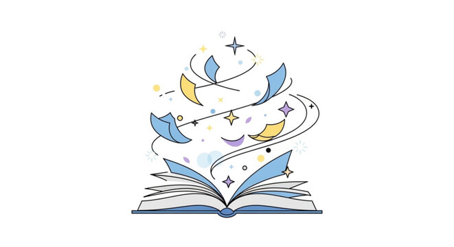 Open book with flying pages and magical elements concept of imagination and storytelling flat vector illustration for education and fantasy themes