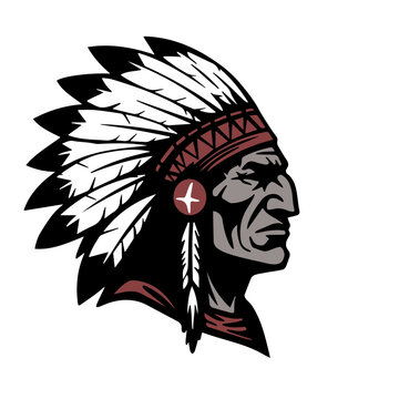 A vector graphic illustration of a Native American chief's head in profile, wearing a traditional feathered headdress