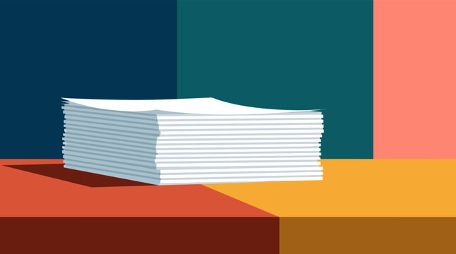 Stack of paper sheets resting on colorful geometric table