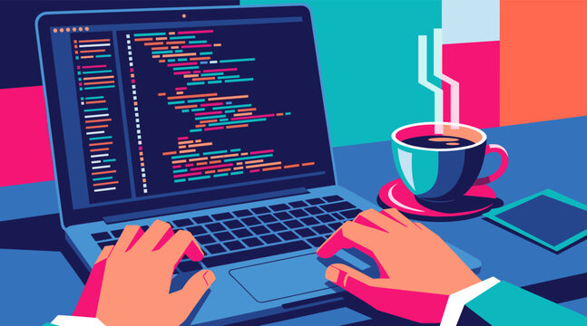 Programmer typing code at laptop with coffee cup on colorful desk